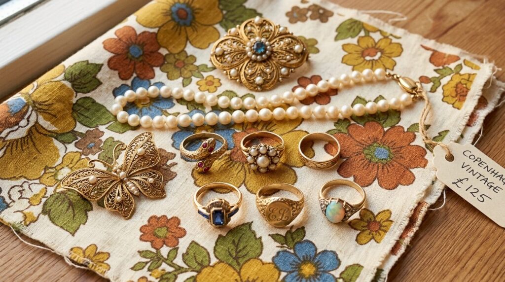 Close-up fashion flat lay of vintage jewelry styling arrange
