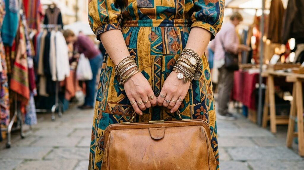 Lifestyle fashion photograph of a womans hands holding a vi