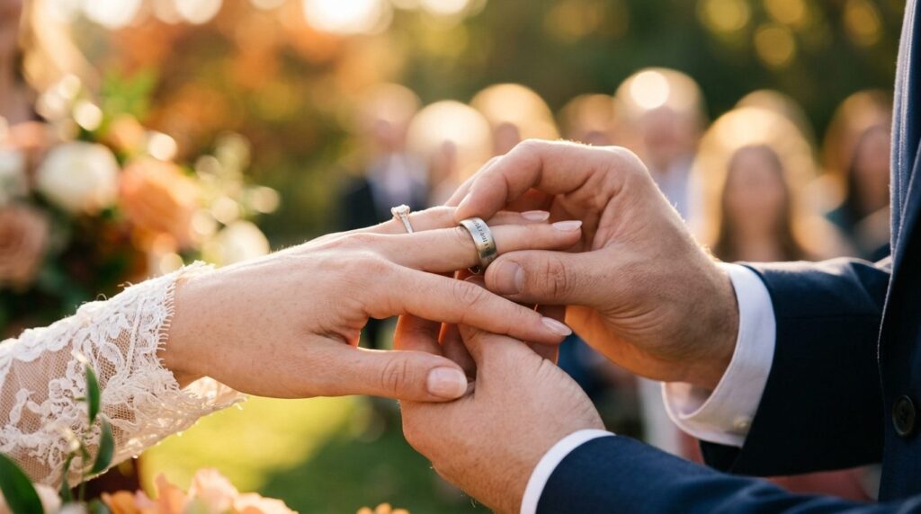 Close-up macro photography of a bride and grooms hands exch