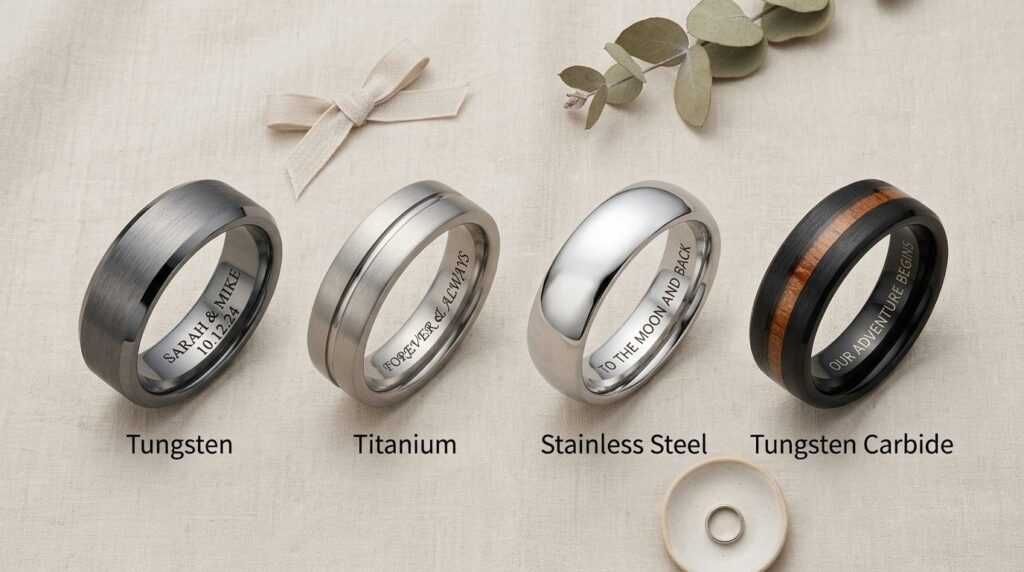 Flat lay product photography of four different wedding ring 