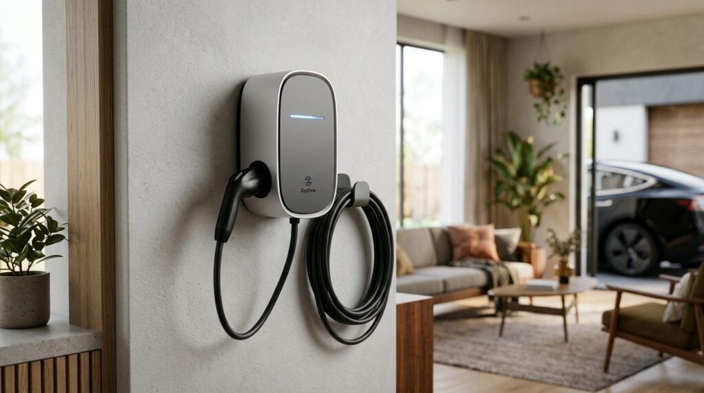 Close-up product photography of a premium home EV charging s