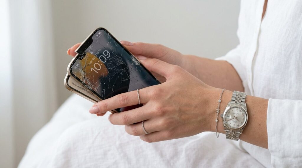 Close-up detail shot of a womans hands holding a damaged iP