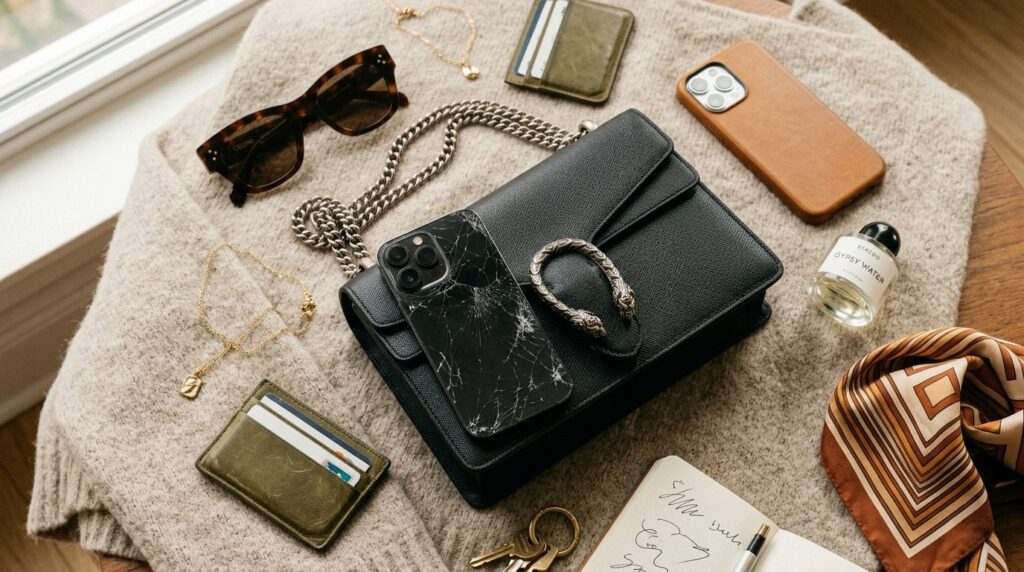 Overhead flat lay composition of a broken iPhone lying on a