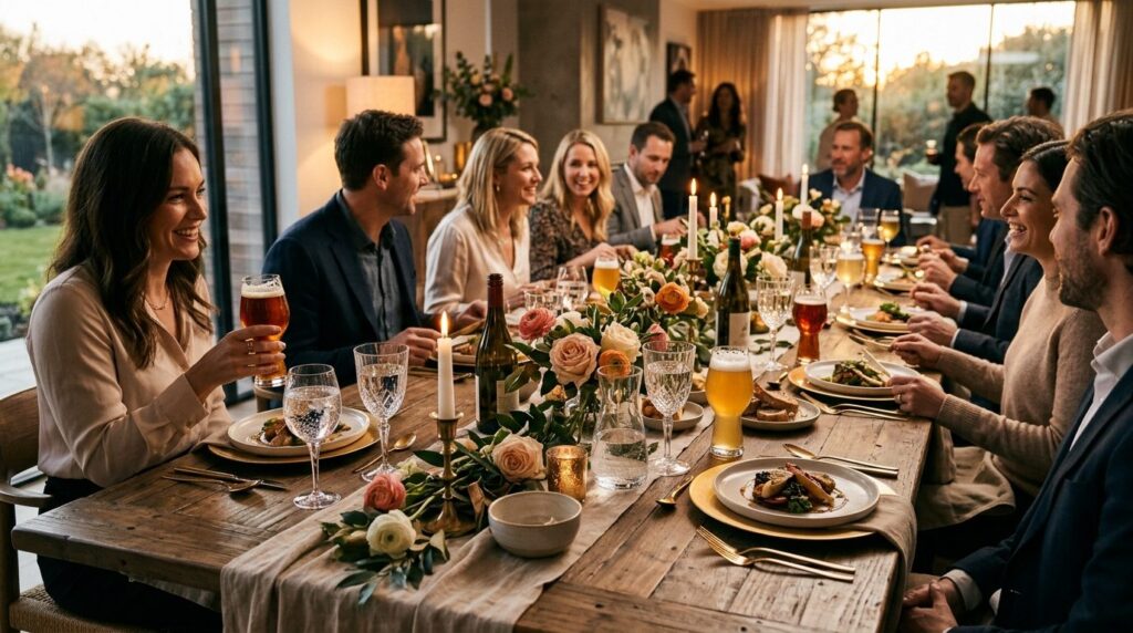 Wide angle view of a sophisticated dinner party table with c