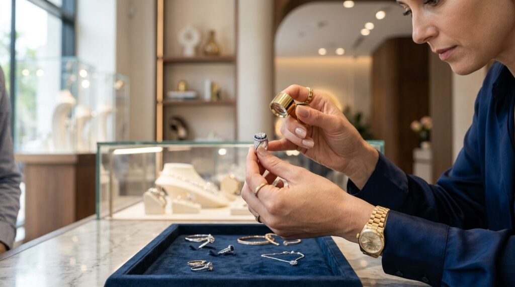 Close-up lifestyle shot of elegant womans hands examining p