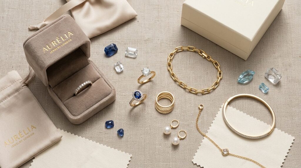 Flat lay arrangement of designer jewelry collection includin