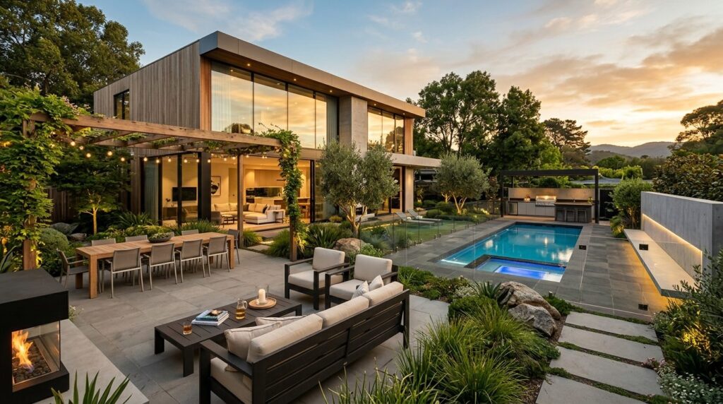 Wide angle view of a sophisticated outdoor living space with
