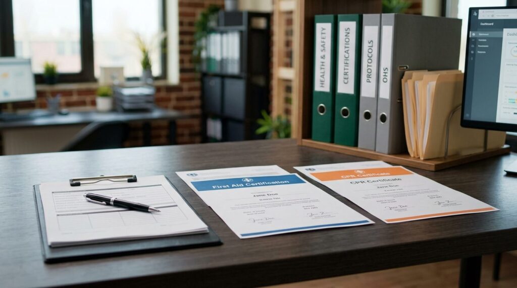 Close-up photograph of first aid certification documents and