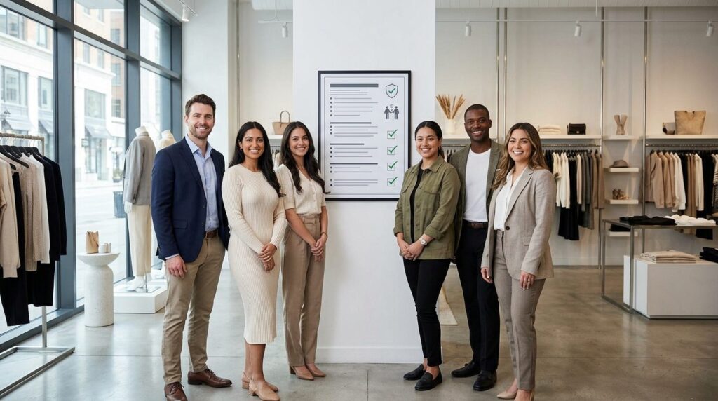 Group portrait of fashion boutique employees in a modern sho