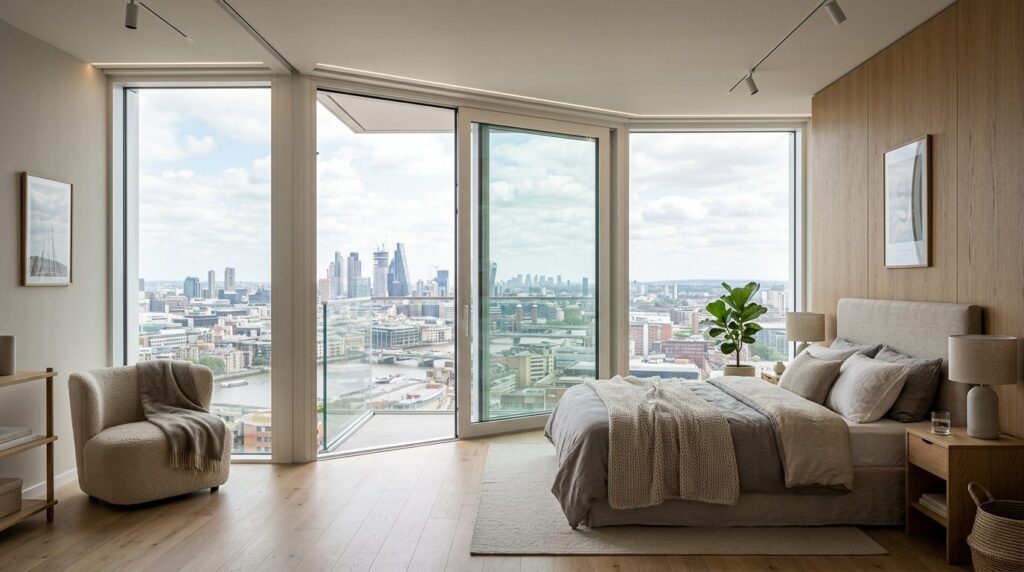 Scandinavian bedroom interior showcasing floor-to-ceiling mo
