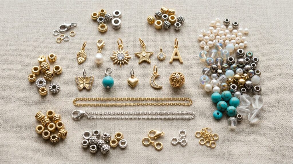 Close-up flat lay of curated charm bracelet components inclu