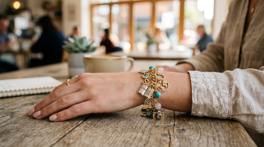 Womans wrist wearing a thoughtfully assembled charm bracele
