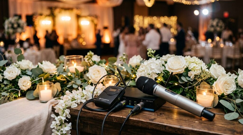Close-up detail of premium wireless microphone and professio