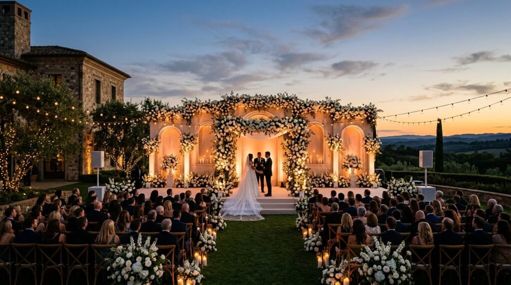 Wide angle view of a sophisticated outdoor wedding ceremony 